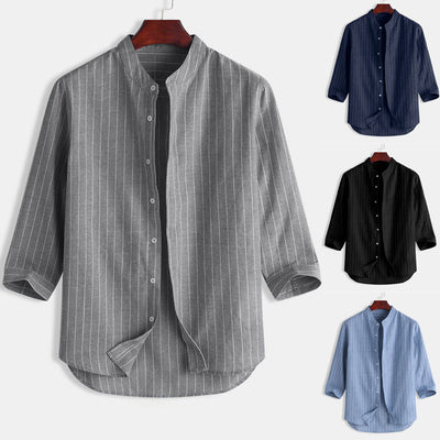 Camisa de Lino a Rayas con Manga Tres Cuartos para Hombre