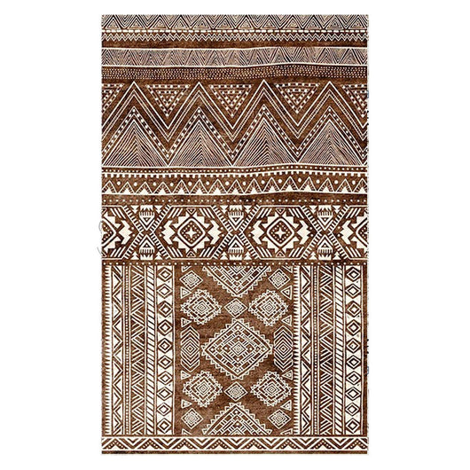 Rectangular area rug with white background and horizontal stripes of black, teal, and yellow tribal patterns. - Image 6