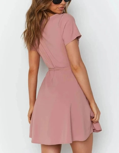 Vestido Rosa Escote V Manga Corta para Mujer - Image 11