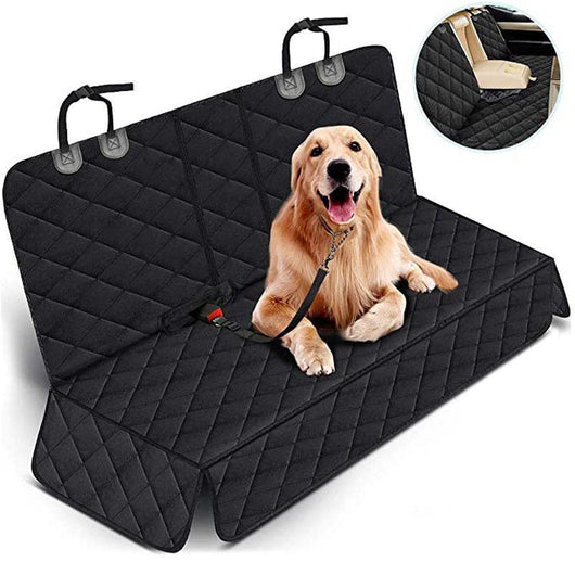 Black quilted car seat cover for dogs, shown with a golden retriever, protecting the rear seat from water and dirt. - Image 2