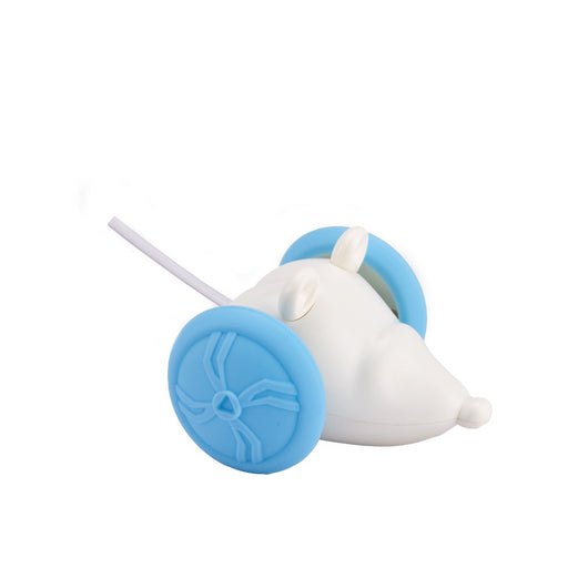 Yellow and white remote control electric mouse toy for cats, shown with its black remote and white charging cable. - Image 3
