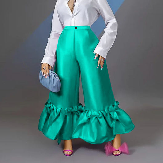 Pantalones Anchos de Cintura Alta con Volantes - Casual y Cómodo