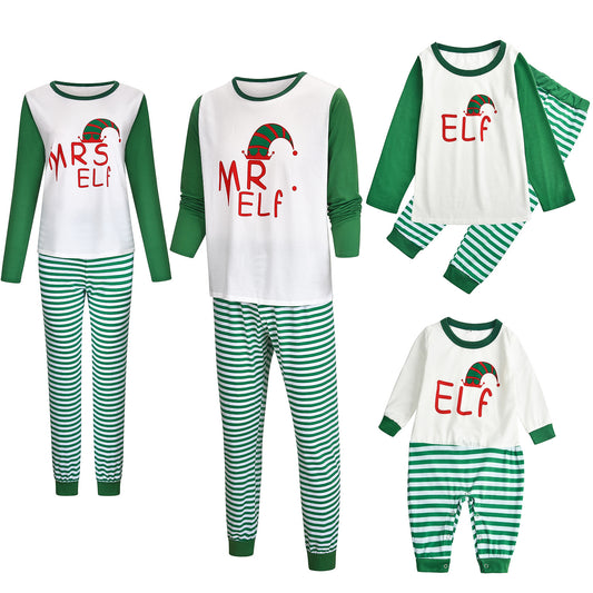 Green and white Christmas elf pajama set with a long-sleeve top and striped pants for parent-child matching. - Image 2