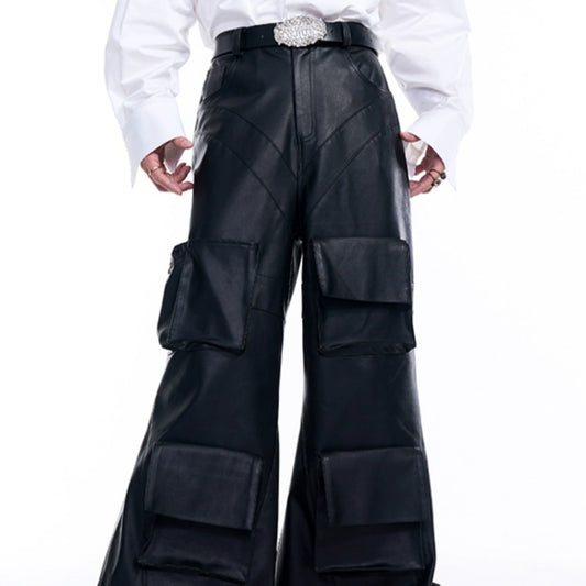 Pantalón de Cuero Ancho Otoñal con Bolsillos Tridimensionales - Image 2