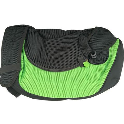 Green and black mesh pet carrier sling bag with a drawstring opening and a yellow flower-shaped zipper pull. - Image 9