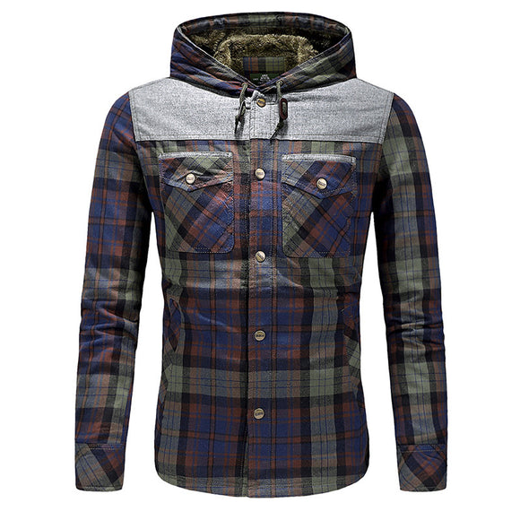 Camisa Acolchada Tipo Plaid para Hombre Talla Grande con Capucha - Otoño e Invierno
