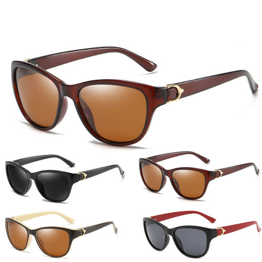 Brown plastic frame sunglasses with brown polarized lenses and gold-tone accents on the temples.