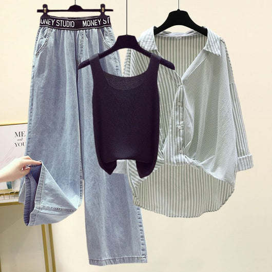 Conjunto de 3 Piezas: Camisa a Rayas, Blusa y Jeans Anchos - Image 8
