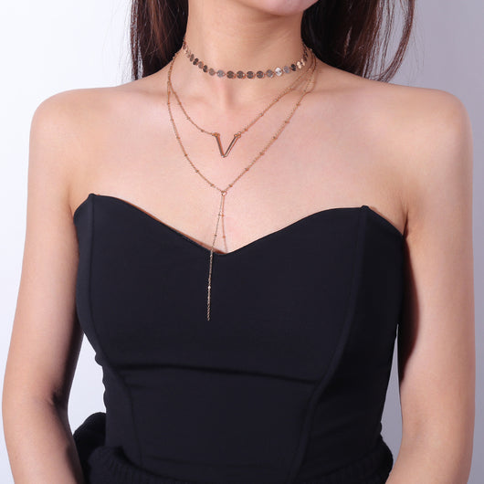 Collar Colgante V Vintage con Lentejuelas de Aleación - Gargantilla Multicapa