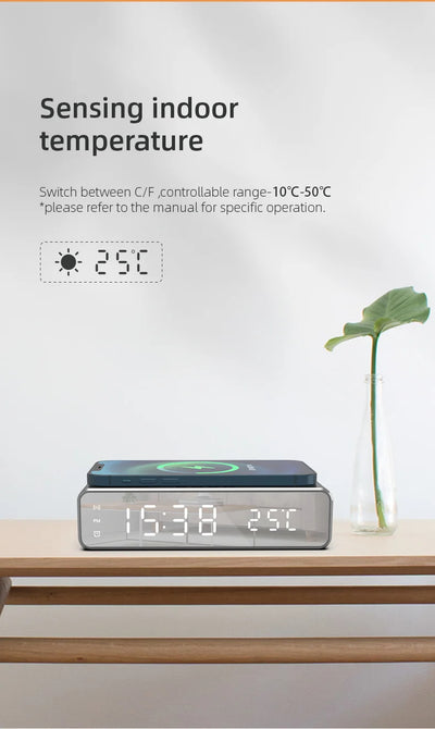 Reloj Despertador LED con Cargador Inalámbrico, Espejo HD y Termómetro - Image 13