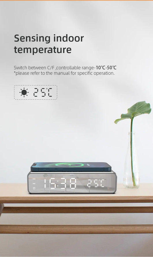 Reloj Despertador LED con Cargador Inalámbrico, Espejo HD y Termómetro - Image 13