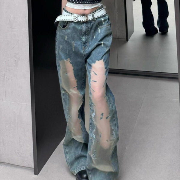 Jeans Rotos Vintage Lavado Desteñido con Detalles Calados para Mujer
