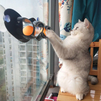 Grey plastic wavy track ball cat toy with two orange balls and suction cups for window or wall mounting. - Image 6