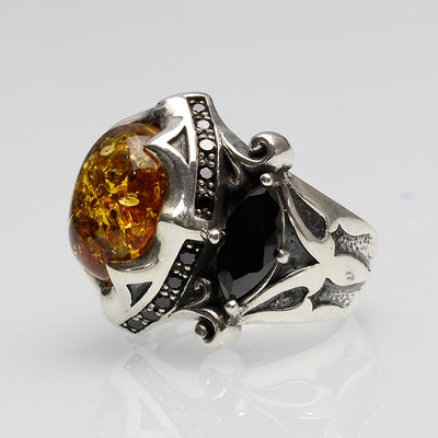 Anillo de Plata 925 Retro con Piedra Negra y Ámbar - Image 8
