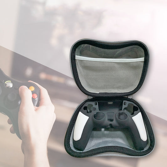 Black EVA storage bag for game controllers with a zipper closure and carrying handle. Inset shows a white controller inside. - Image 2
