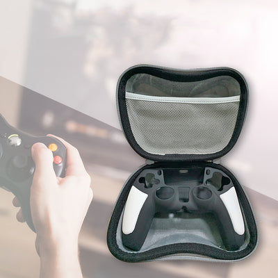Black EVA storage bag for game controllers with a zipper closure and carrying handle. Inset shows a white controller inside. - Image 2