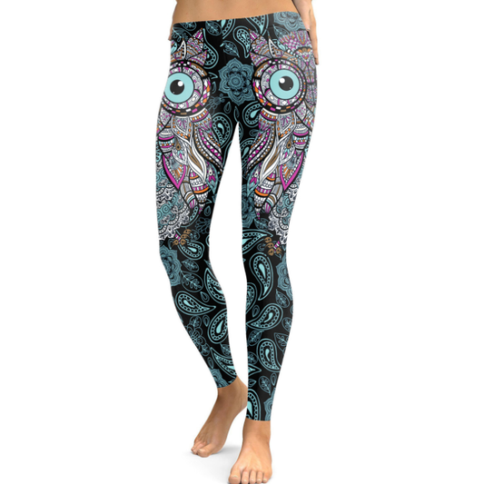 Leggins Deportivos Estampado Búho y Flores - Talla Plus Cintura Alta Elástica
