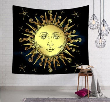 Bohemian sun and moon tapestry with a celestial pattern of golden suns and crescent moons on a dark blue background. - Image 22