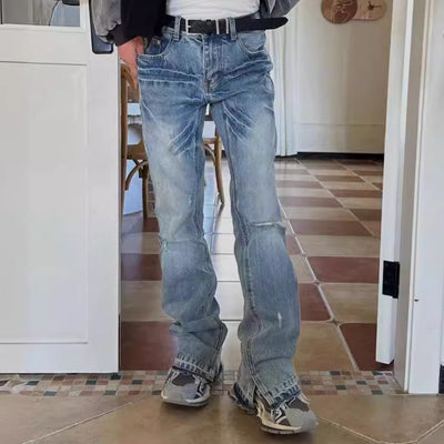 Pantalones Bootleg Paris Style con Patrón Rayo Efecto Lavado y Corte Desgarrado