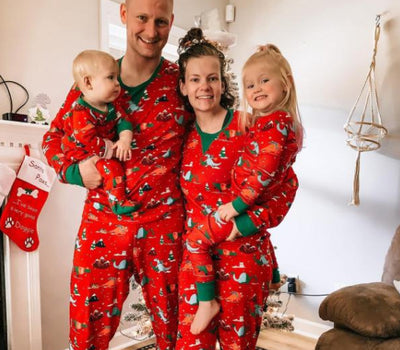 Red long-sleeved men's pajama set with a festive dinosaur and Christmas tree print, featuring green cuffs. - Image 11