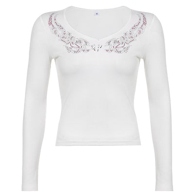 Blusa Ajustada Estampada con Pedrería Hot-Stamping Cuello en V Manga Larga para Mujer - Image 2