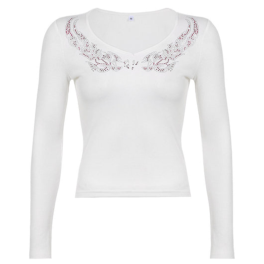Blusa Ajustada Estampada con Pedrería Hot-Stamping Cuello en V Manga Larga para Mujer - Image 2