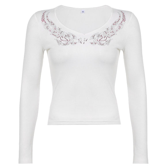 Blusa Ajustada Estampada con Pedrería Hot-Stamping Cuello en V Manga Larga para Mujer