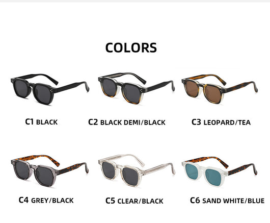 Black square frame sunglasses with dark lenses and small silver accents on the front, shown at an angle. - Image 14