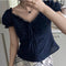 Blusa Escote V con Encaje y Mangas Abullonadas
