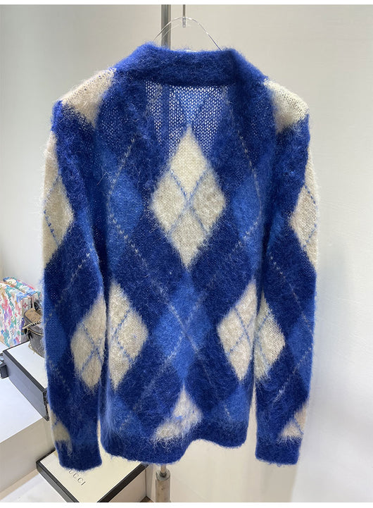 Suéter de Mohair Tejido Suelto con Combinación de Colores Diamante - Image 11
