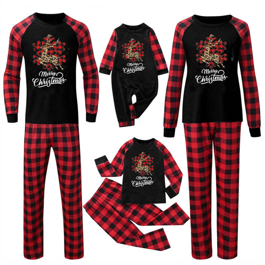 Black and red buffalo plaid Christmas pajama set with a leopard print reindeer snowflake graphic and "Merry Christmas" text. - Image 7