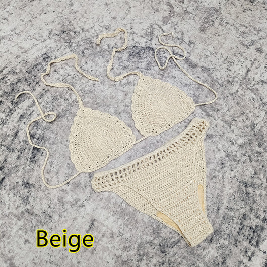White 3-piece handmade crochet bikini set with triangle top, high-cut bottoms, and fringed mesh beach skirt. - Image 45