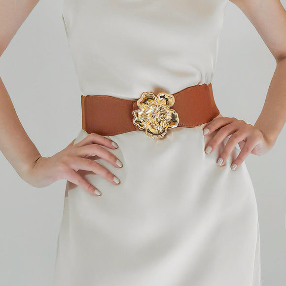 Cinturón Elástico para Mujer con Hebilla Floral Dorada - Accesorio Elegante para Vestidos