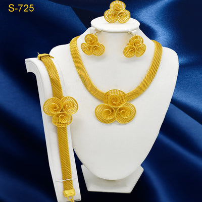 Gold-colored four-piece jewelry set with mesh texture: necklace, drop earrings, bracelet, and ring, all with knot design. - Image 4