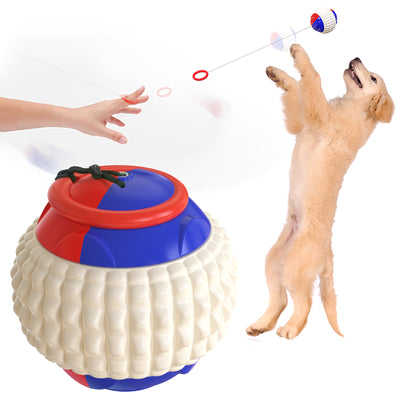 Blue, red, and beige plastic dog toy ball with a textured surface and black rope, next to a golden retriever puppy. - Image 9
