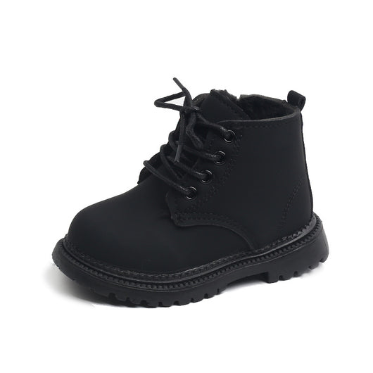 Black children's fashion Martin boots with laces and a side zipper, featuring a thick rubber sole. - Image 7