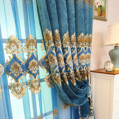 Purple chenille velvet curtains with gold embroidery, tied back to reveal a sheer embroidered curtain behind. - Image 7
