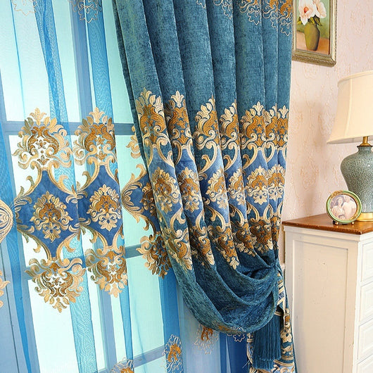 Purple chenille velvet curtains with gold embroidery, tied back to reveal a sheer embroidered curtain behind. - Image 7
