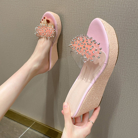 Pantuflas Tipo Sandalia Plataforma Gruesa con Pedrería Transparente