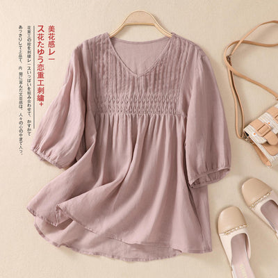 Blusa Suelta de Algodón y Lino con Cuello V - Image 8