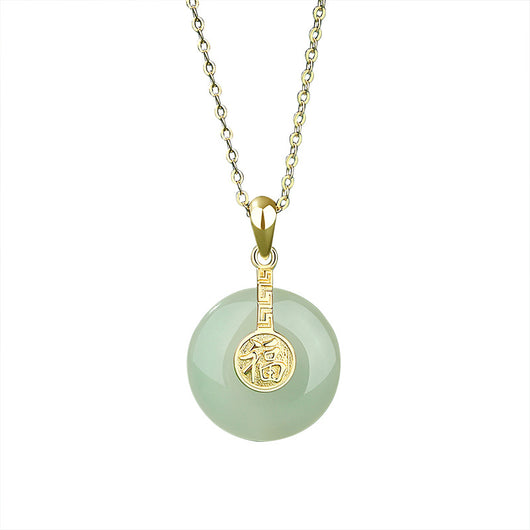 Collar de Jade Hetian con Símbolo Fu - Estilo Chino Retro en Plata de Ley y Oro de 18K - Image 2