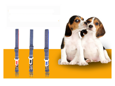 Dark blue denim pet car seat belt with yellow stitching, metal buckle, and plastic adjuster on a hanger. - Image 3