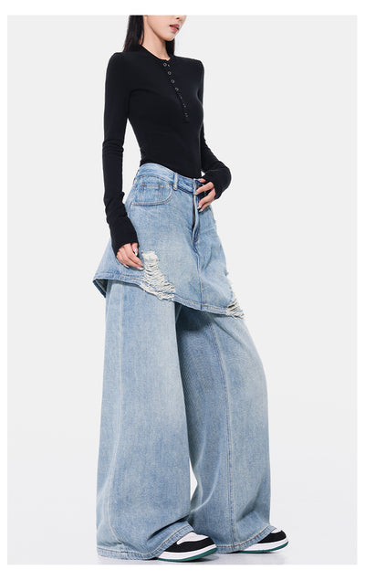 Pantalones Rectos Azul Vintage Efecto Desgastado Doble Tela para Mujer - Image 35