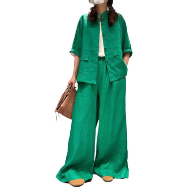 Conjunto de Lino Casual: Camisa Manga Corta y Pantalón de Color Liso - Image 5