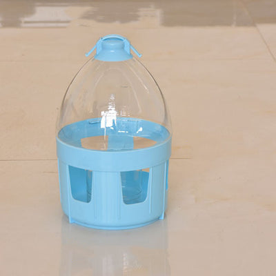 Transparent pet drinker with a light blue base and handle, designed for chickens or small birds. - Image 2