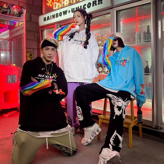 Sudadera Hip Hop Rainbow con Estampado Mariposa - Hoodie Streetwear Casual Unisex