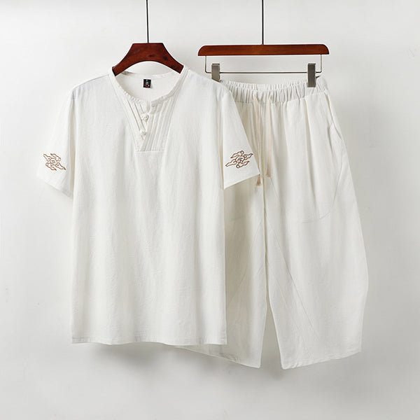 Conjunto Asiático: Blusa Bordada Manga Corta y Pantalón Capri Lino Algodón