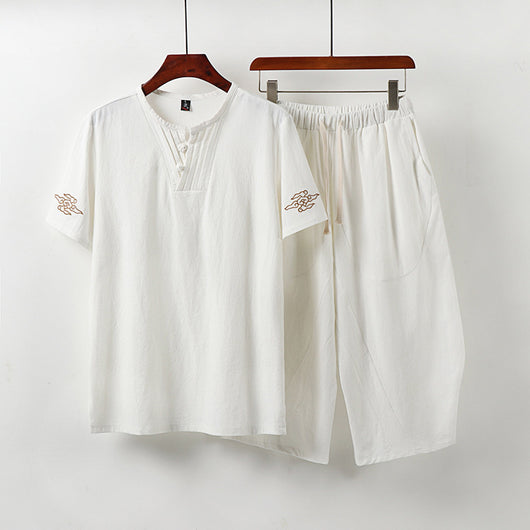 Conjunto Asiático: Blusa Bordada Manga Corta y Pantalón Capri Lino Algodón - Image 7