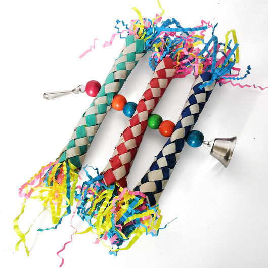 Set of 5 colorful parrot bite toys with braided ropes, wooden beads, shredded paper, and bells. Two budgerigars interact with the toys. - Image 4
