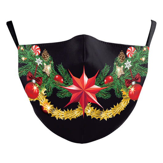 Green Christmas dustproof face mask with a festive pattern of red and gold ornaments, candy canes, gingerbread, and "Merry Christmas!" text. - Image 18